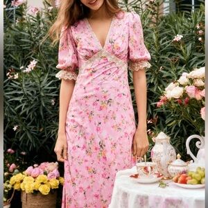 Coquette cottage core pink floral long dress lace belt bow flowers